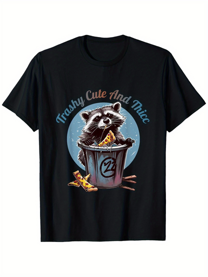 Men's Graphic T-Shirt Trashy Cute And Nice Raccoon Holding Pizza Inside Trash Can