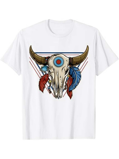 Men's Graphic T-Shirt Tribal Inspired Bull Skull With Painted Feathers And Geometric Pattern