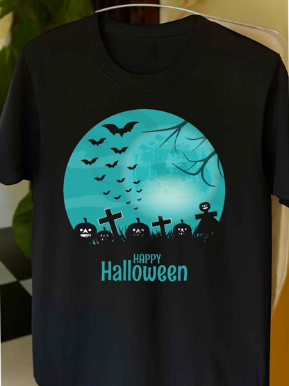Men's Graphic T-Shirt Happy Halloween Moonlit Graveyard With Flying Bats Jack O Lanterns And Tombstones