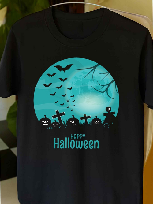 Men's Graphic T-Shirt Happy Halloween Moonlit Graveyard With Flying Bats Jack O Lanterns And Tombstones