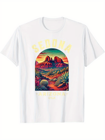 Men's Graphic T-Shirt Sedona Vivid Desert Landscape Under Vibrant Mountain Sky Featuring Cactus