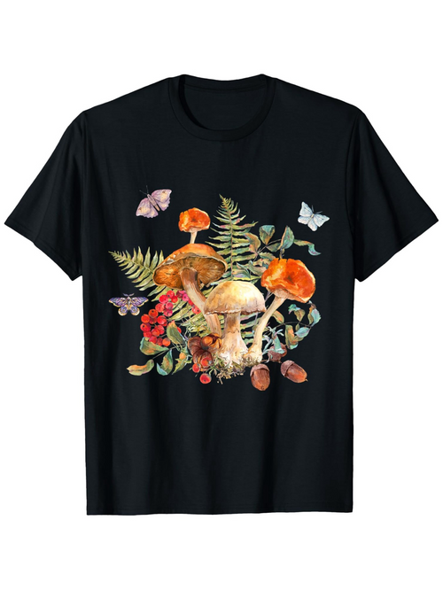 Men's Graphic T-Shirt Autumn Forest With Ferns Mushrooms Butterflies And Fallen Acorns Mushroom