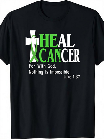 Men's Graphic T-Shirt Heal Cancer With Green Ribbon And White Religious Cross