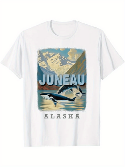 Men's Graphic T-Shirt Juneau Alaska Majestic Glacier Mountains With Reflections Featuring Orca Whale