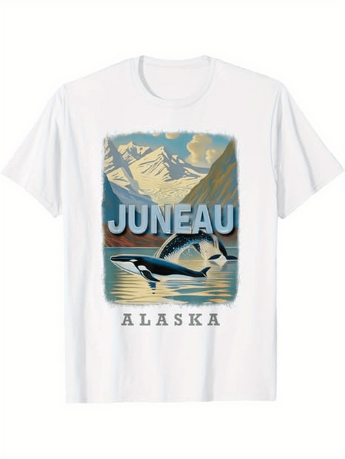 Men's Graphic T-Shirt Juneau Alaska Majestic Glacier Mountains With Reflections Featuring Orca Whale
