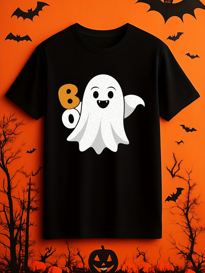 Men's Graphic T-Shirt Happy Boo Words With Smiling Cartoon Halloween Ghost