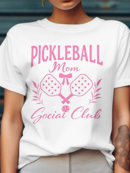 Women's Graphic T-Shirt Pickleball Mom Social Club Pink Strokes With Leaves And Two Paddles