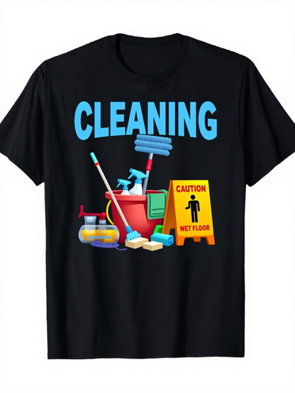 Men's Graphic T-Shirt Cleaning Tools Bucket With Caution Wet Floor Sign Near Mop