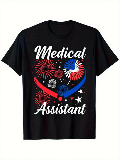 Men's Graphic T-Shirt Medical Assistant Firework Bursts With Patriotic Red Blue White Graphic