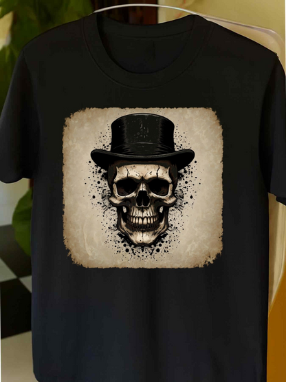 Men's Graphic T-Shirt Vintage Artistic Splatter Featuring Grinning Skull In Top Hat