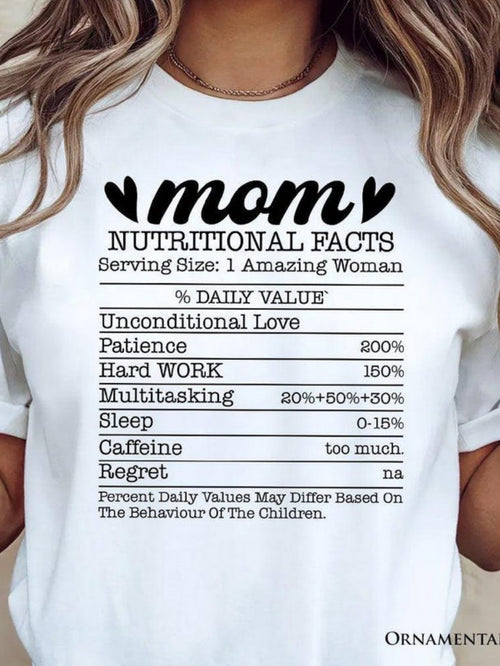 Women's Graphic T-Shirt Mom Nutritional Facts With Playful Serving Size And Heart Motifs T Shirt
