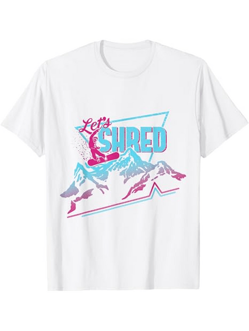 Men's Graphic T-Shirt Lets Shred Vibrant Winter Mountains With Snowboarder Under Blue Sky