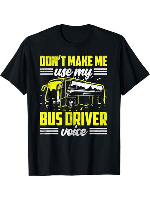 Men's Graphic T-Shirt Dont Make Me Use My Voice Surrounded By Bold Lettering Across A Yellow School Bus