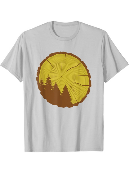 Men's Graphic T-Shirt Golden Tree Ring With Forest Silhouette Among Woodland Sunray Design