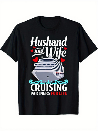 Men's Graphic T-Shirt Husband And Wife Cruising Partners For Life With Red Hearts And Ocean Waves Cruise Ship