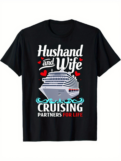 Men's Graphic T-Shirt Husband And Wife Cruising Partners For Life With Red Hearts And Ocean Waves Cruise Ship