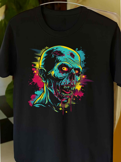 Men's Graphic T-Shirt Splattered Neon Colors Dripping From Glowing Eyes Zombie Skull