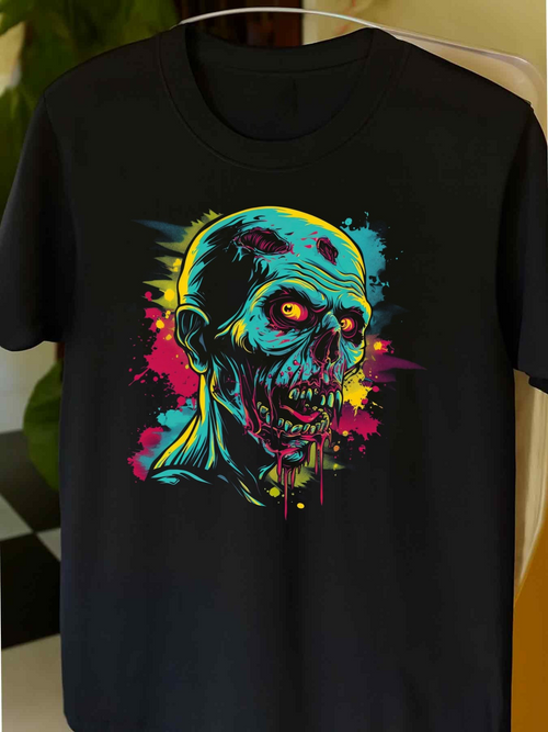 Men's Graphic T-Shirt Splattered Neon Colors Dripping From Glowing Eyes Zombie Skull