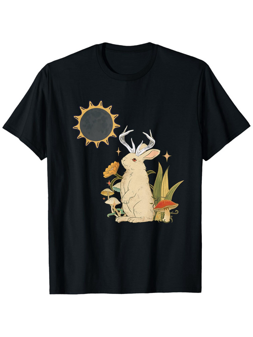 Men's Graphic T-Shirt Golden Plants Sunlight With Magical Antlered Rabbit