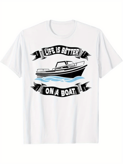 Men's Graphic T-Shirt Life Is Better On A Boat Ribbon Waves With Classic Motorboat White T Shirt