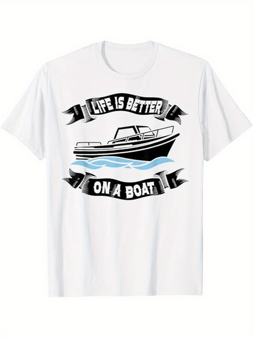 Men's Graphic T-Shirt Life Is Better On A Boat Ribbon Waves With Classic Motorboat White T Shirt