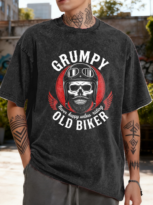 Men's Graphic T-Shirt Grumpy Old Biker With Bold Skull Helmet Emblem Surrounded By Red Wings