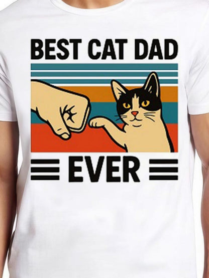 Men's Graphic T-Shirt Best Cat Dad Ever With Retro Stripes Fist Bump And Cute Cat