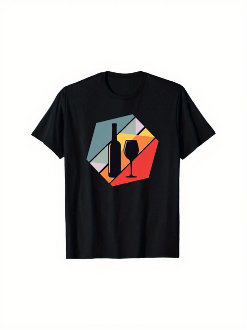 Men's Graphic T-Shirt Geometric Striped Sunset Pattern With Bottle And Wine Glass