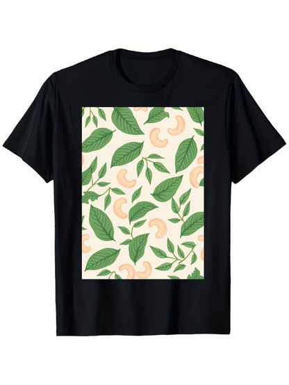 Men's Graphic T-Shirt Delicate Pastel Floral Foliage With Green Leaves On Black Shirt