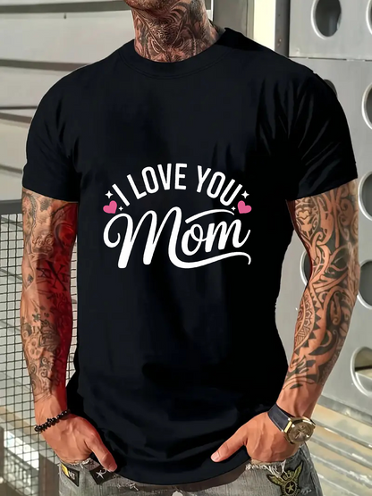 Men's Graphic T-Shirt I Love You Mom Minimalist Script With Heart Accent Black T Shirt
