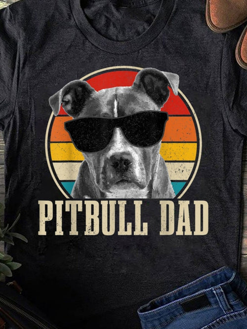 Men's Graphic T-Shirt Pitbull Dad Retro Sunset With Sunglasses Wearing Pitbull Dog