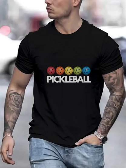 Men's Graphic T-Shirt Colorful Patterned Balls With Bold White Text Pickleball