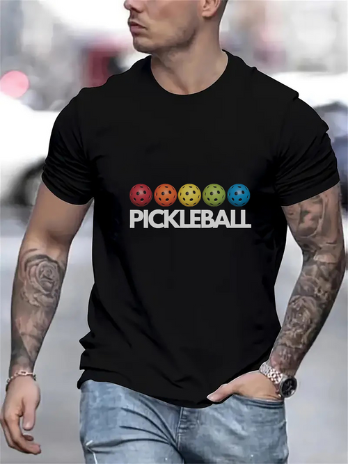Men's Graphic T-Shirt Colorful Patterned Balls With Bold White Text Pickleball