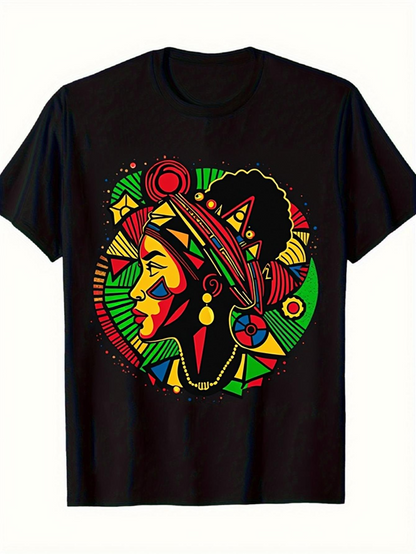 Men's Graphic T-Shirt Colorful Geometric Shapes Surrounding An Abstract African Woman Portrait