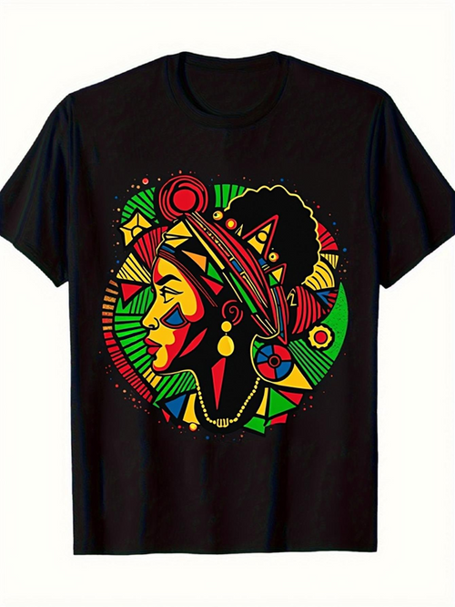 Men's Graphic T-Shirt Colorful Geometric Shapes Surrounding An Abstract African Woman Portrait