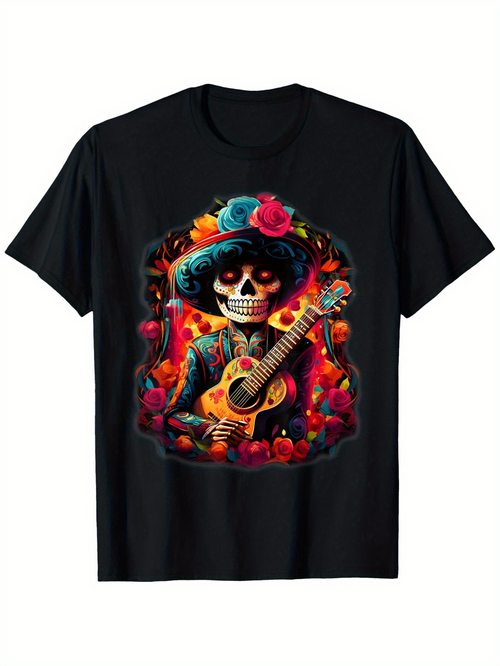 Men's Graphic T-Shirt Festive Musician Surrounded By Bright Flowers Holding Guitar Skeleton