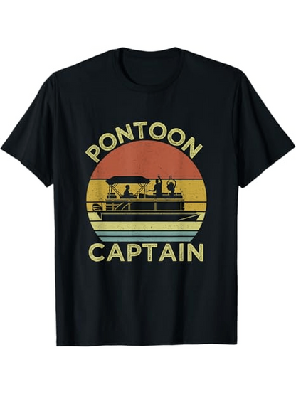 Men's Graphic T-Shirt Pontoon Captain Vintage Sunset With Silhouette Of Boating Crew