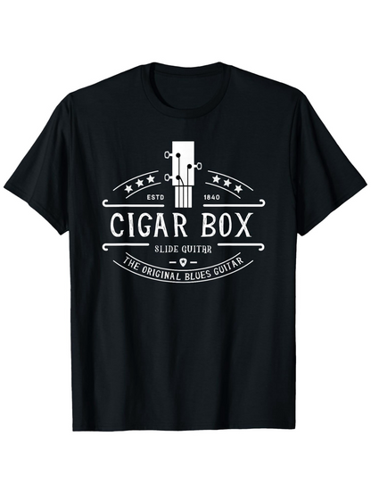 Men's Graphic T-Shirt Cigar Box Acoustic Guitar Art With Retro Banner Accents And Stars