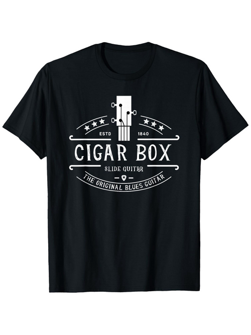 Men's Graphic T-Shirt Cigar Box Acoustic Guitar Art With Retro Banner Accents And Stars
