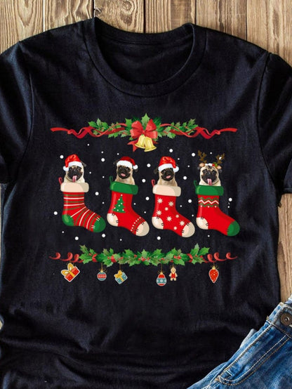 Men's Graphic T-Shirt Christmas Pugs In Festive Stockings Among Garland And Ornaments Black Shirt