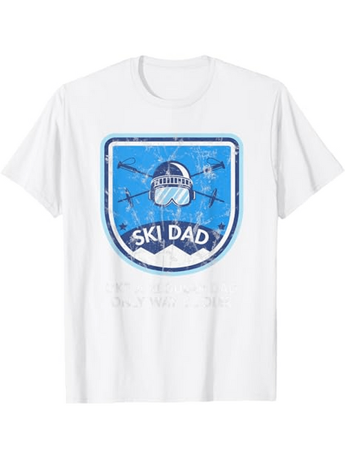 Men's Graphic T-Shirt Ski Dad With Blue Badge And Snowy Mountain Retro Helmet