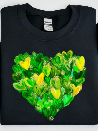 Men's Graphic T-Shirt Vivid Green And Yellow Brushstroke Heart Pattern On Black Shirt Heart