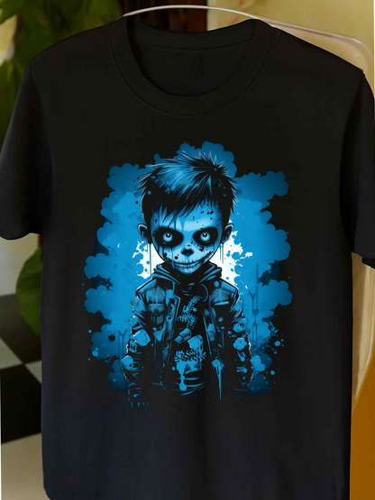 Men's Graphic T-Shirt Blue Aura Dark Cartoon Face Young Boy Illustration