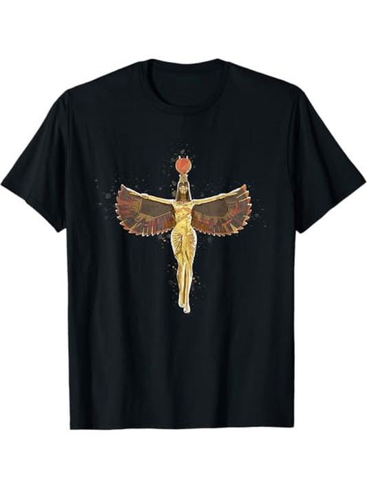 Men's Graphic T-Shirt Golden Goddess With Outstretched Wings Wearing Fiery Headdress Among Ancient Symbols