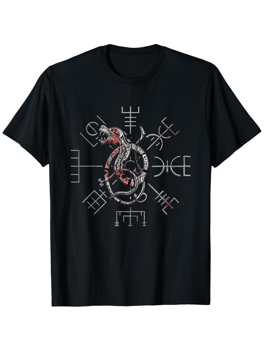 Men's Graphic T-Shirt Nordic Symbols With Intricate Viking Serpent Design At The Center