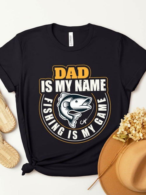 Women's Graphic T-Shirt Dad Is My Name Circular Badge With Leaping Fish Surrounded By Bold Lettering