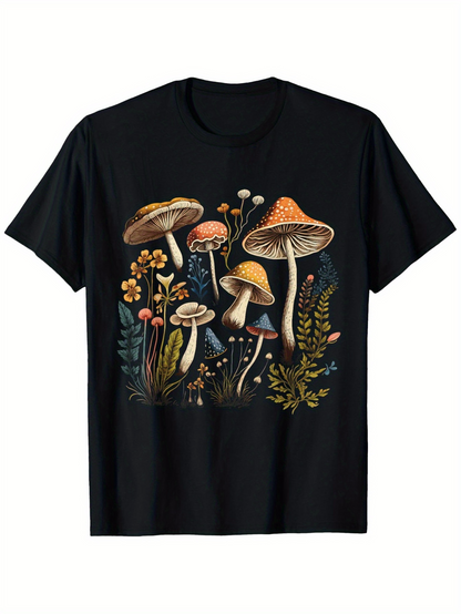 Men's Graphic T-Shirt Botanical Forest Mushrooms Cluster With Ferns And Wild Plants Mushroom