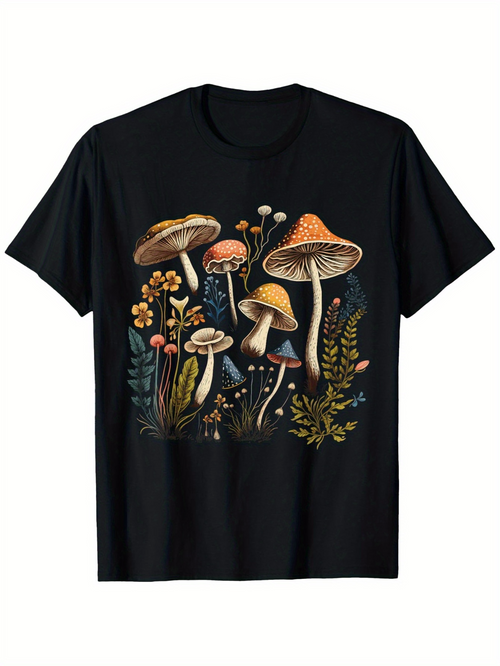 Men's Graphic T-Shirt Botanical Forest Mushrooms Cluster With Ferns And Wild Plants Mushroom