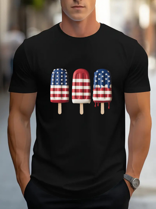 Men's Graphic T-Shirt Melting Popsicles Decorated With Patriotic Stars And Stripes Ice Cream