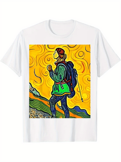 Men's Graphic T-Shirt Colorful Mountain Path With Swirling Sunlit Skies Bold Backpack Hiker